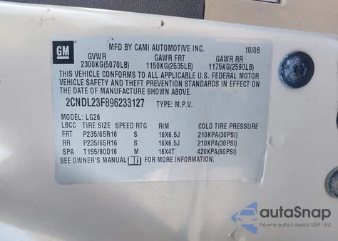 2009 Chevrolet Equinox Ls z USA, uszkodzony, nr VIN 2CNDL23F896233127